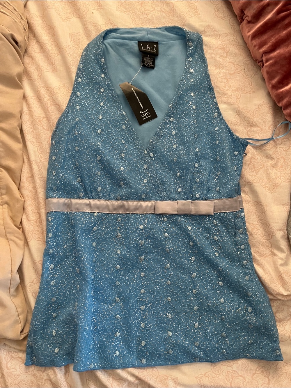 INC International Concepts Light Blue Sequin V-Neck Tank with Waist Ribbon